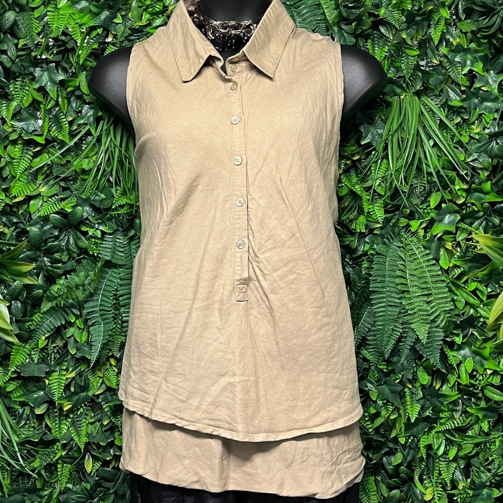 Ashley Stewart Top Linen Blend  24W Tan Sleeveless Button Down Shirt Blouse 3154
